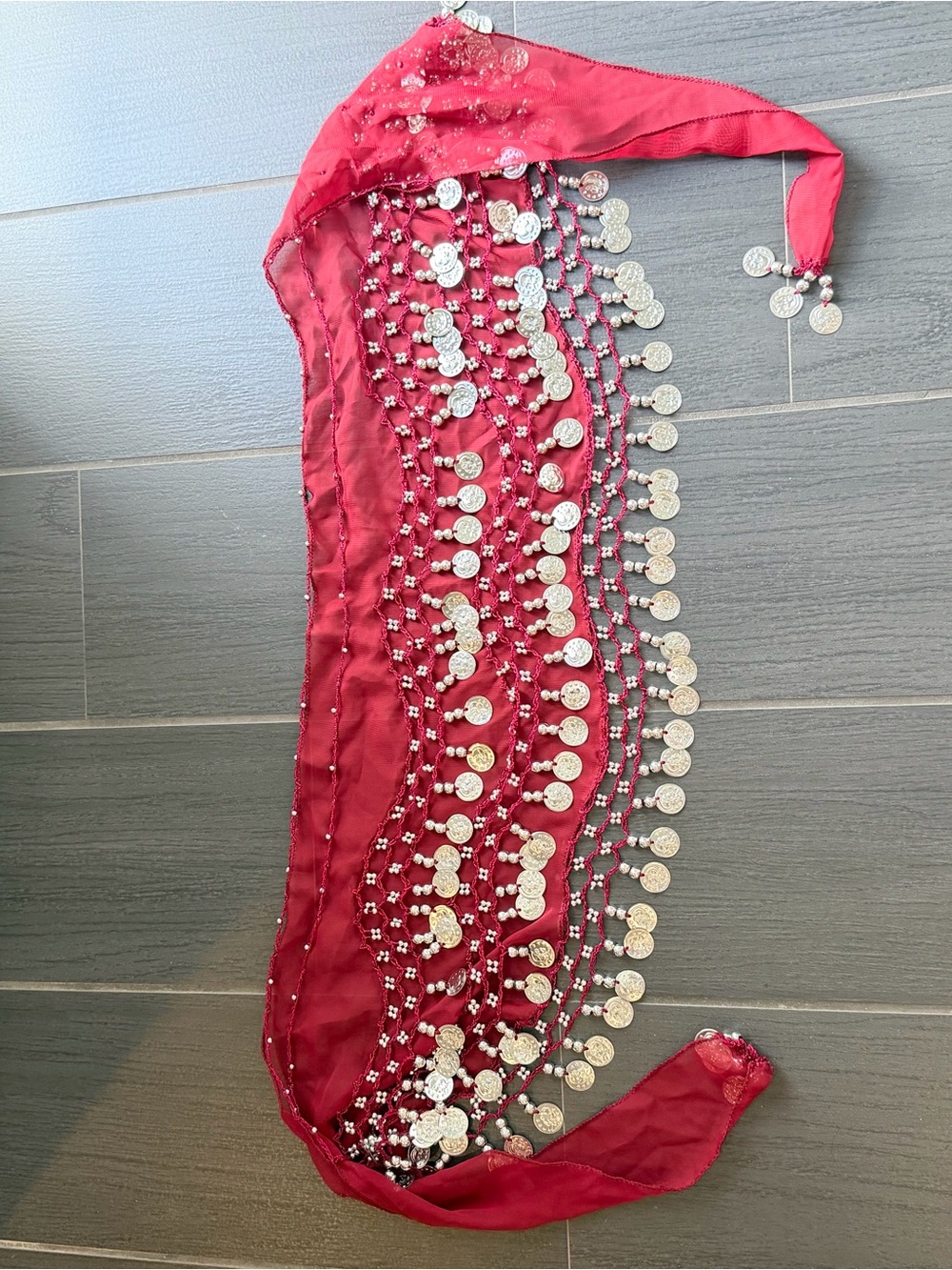 Red Coin Fringe Belly Dance Hip Scarf
